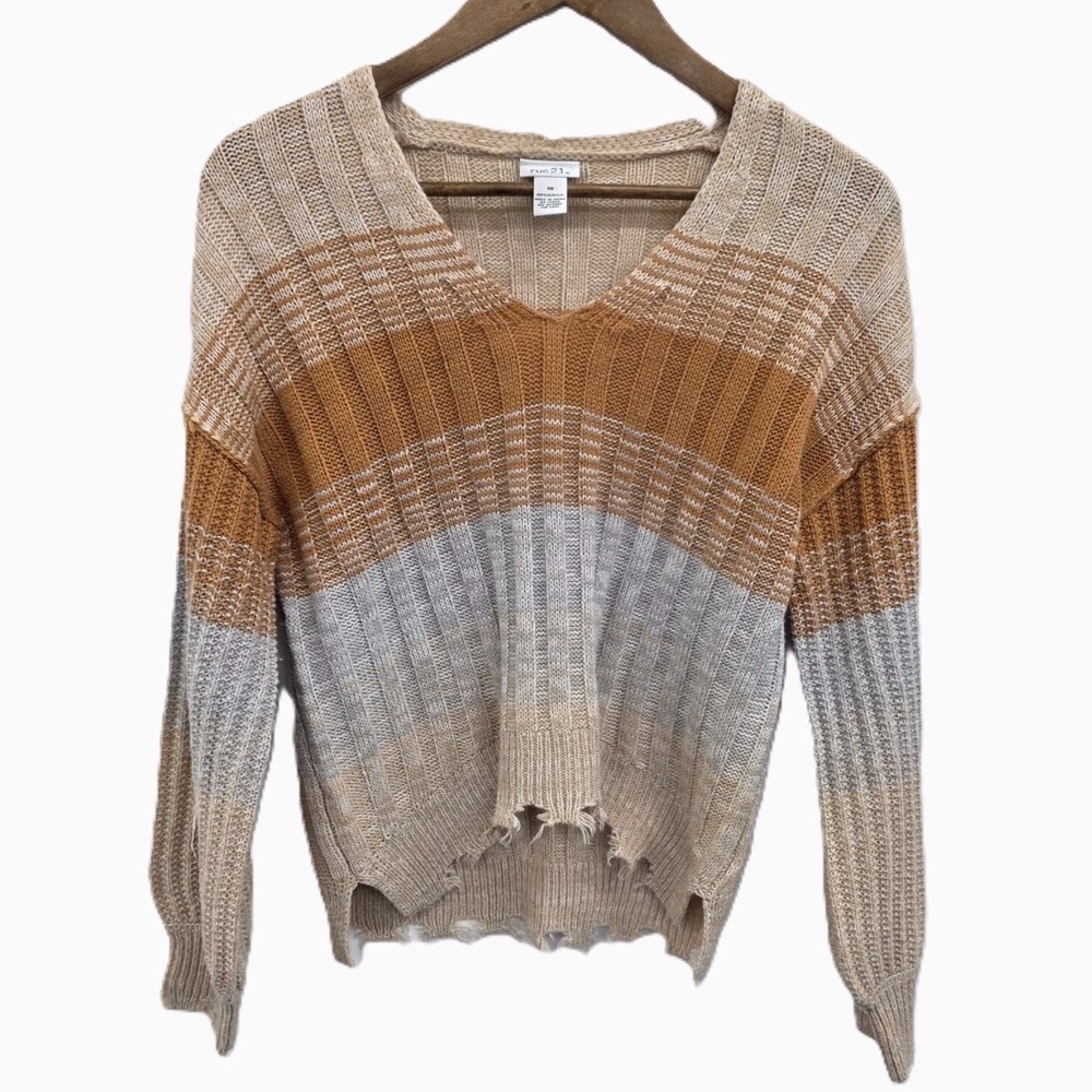 Womens XS Distressed Striped Knit‎ Sweater Beige Tan Gray V Neck Boho Grunge